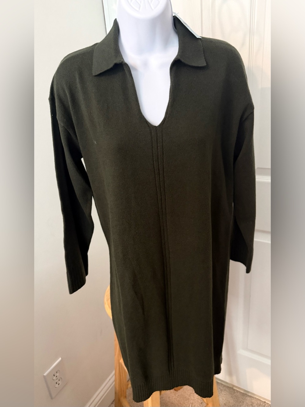 Olive Green Collared V-Neck Knit Sweater Dress